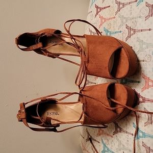 Brown suede chunky lace up heels